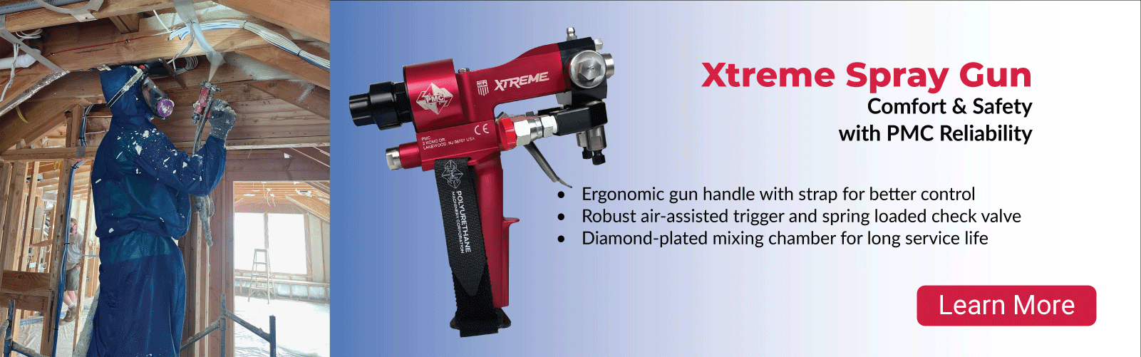 Xtreme Spray Gun being sprayed by a contractor. PMC's ergonomic Xtreme gun has long lasting reliability